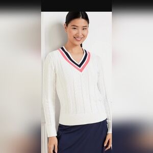 Talbots V-Neck Cable Knit Sweater - White, Coral and Navy